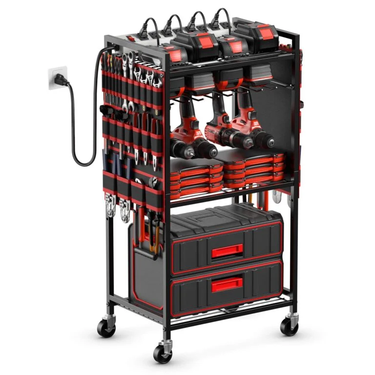 JUNNUJ Large Power Tool Organizer Cart Review: Ultimate Garage Charging & Storage Solution