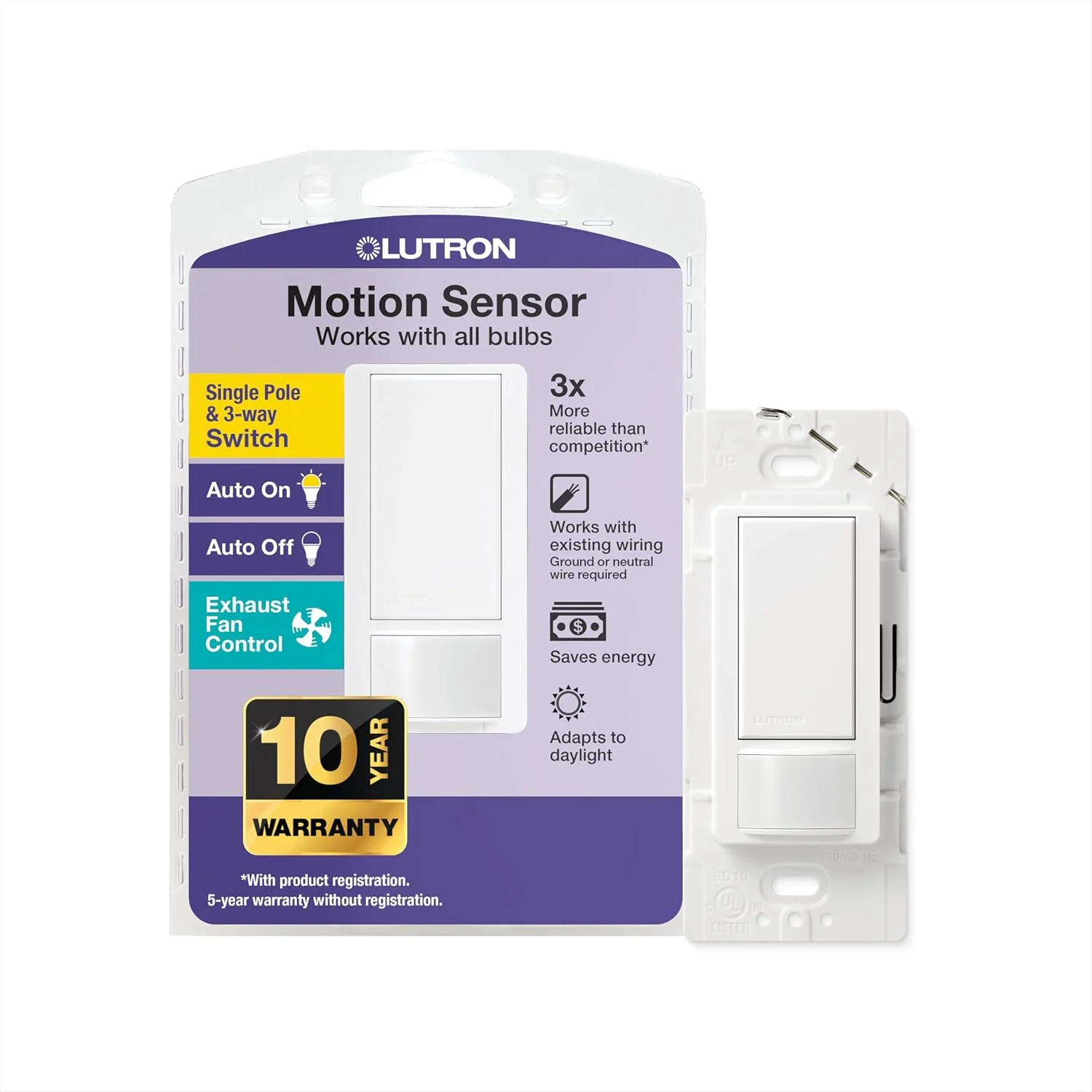 Lutron Maestro MS-OPS5M-WH motion sensor light switch white